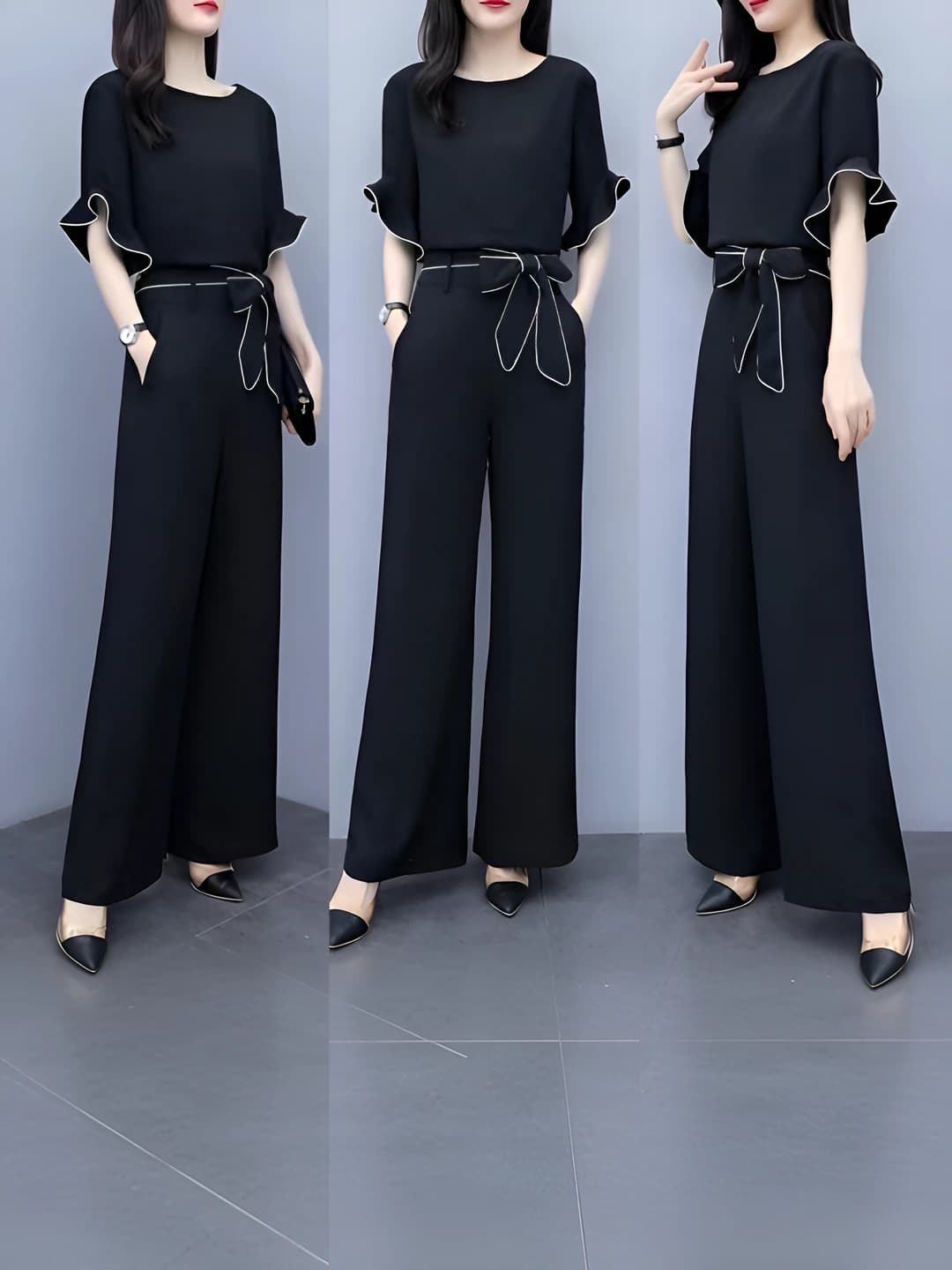 Women's summer Korean style high waist slimming casual set (blouse + wide-leg trousers)
