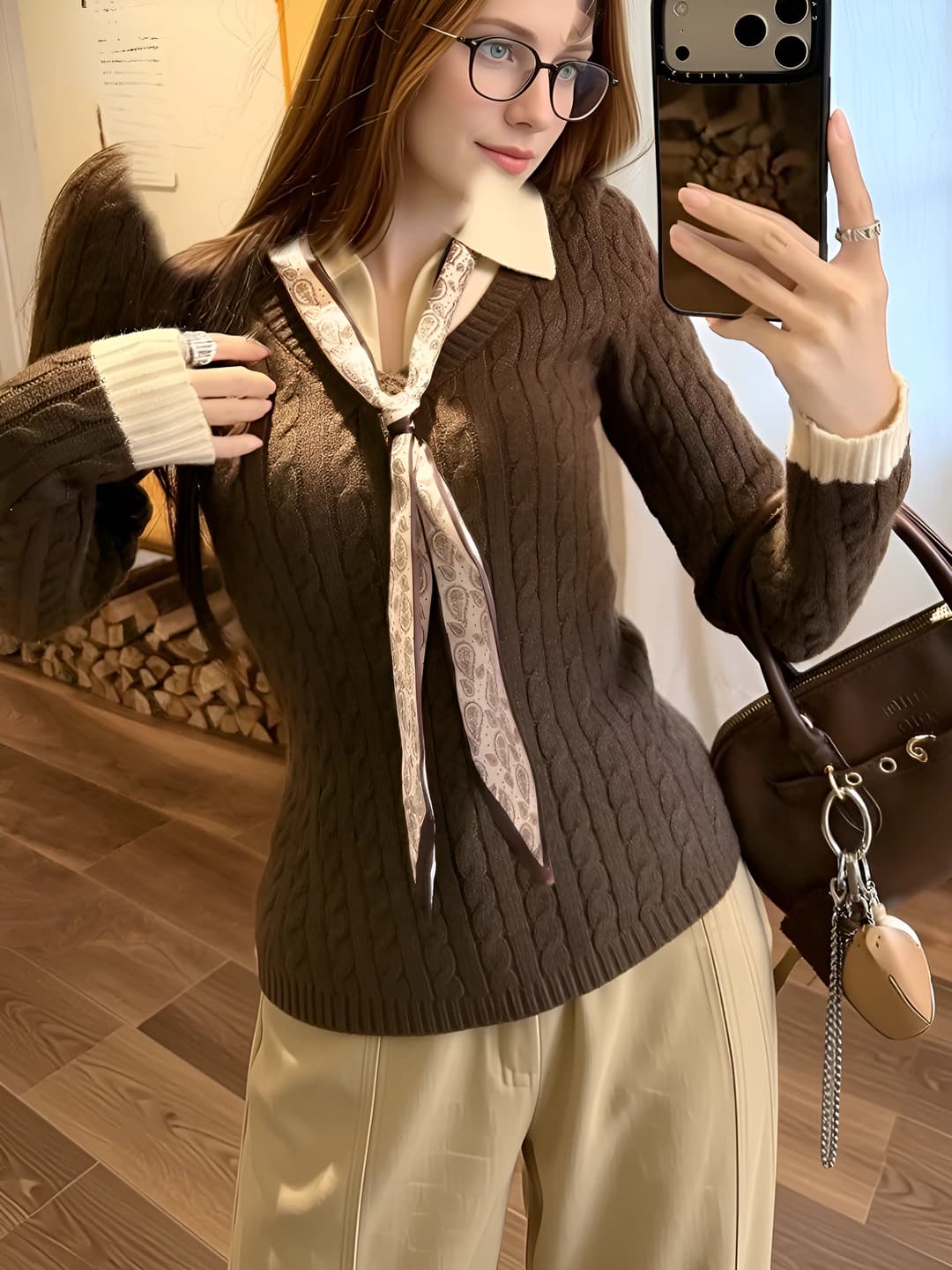 Women's autumn-winter slim fit knit top with polo collar and long sleeves