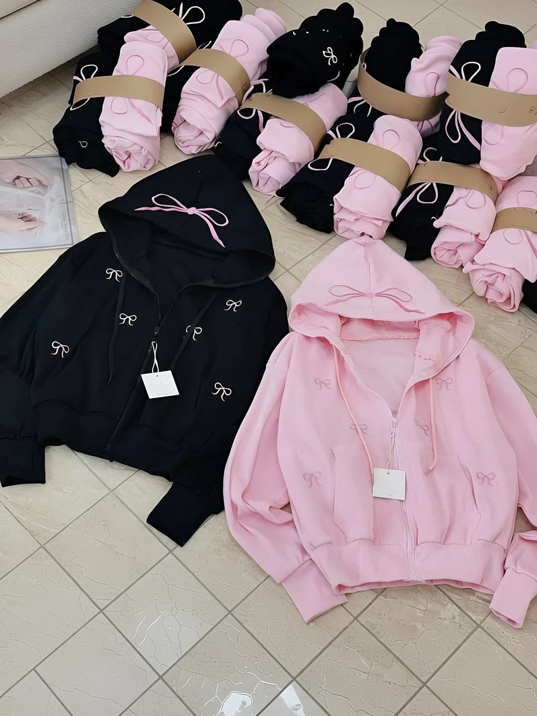 Women's autumn thin embroidered zip-up sweatshirt, long sleeve, loose fit, bow pattern