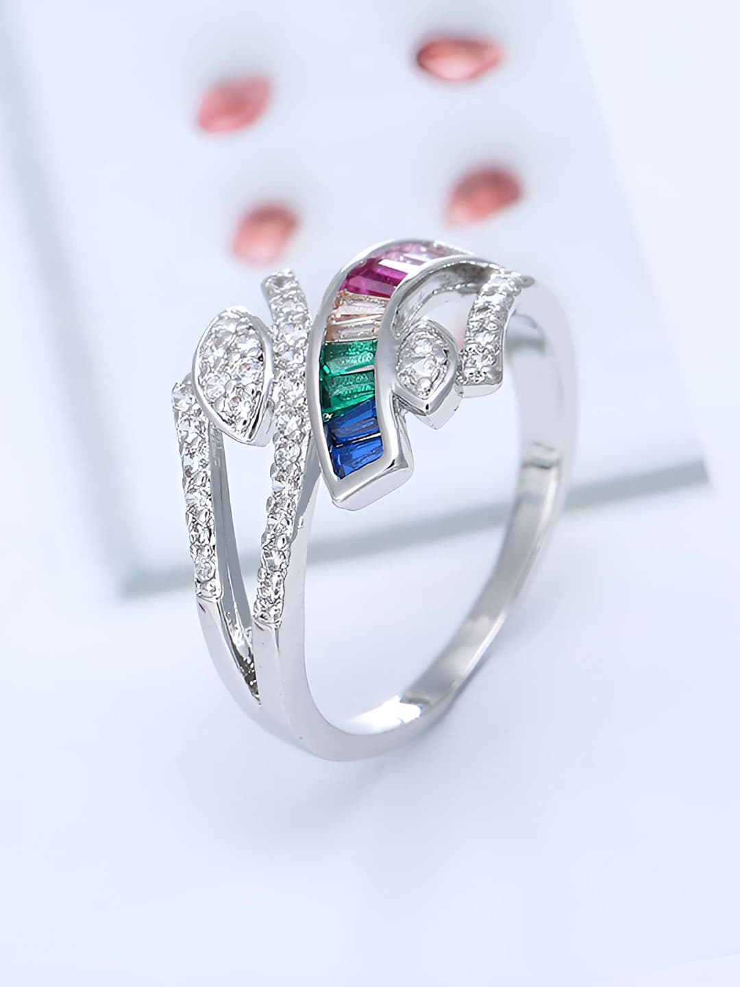 Women's ring with colorful zircons in flower shape
