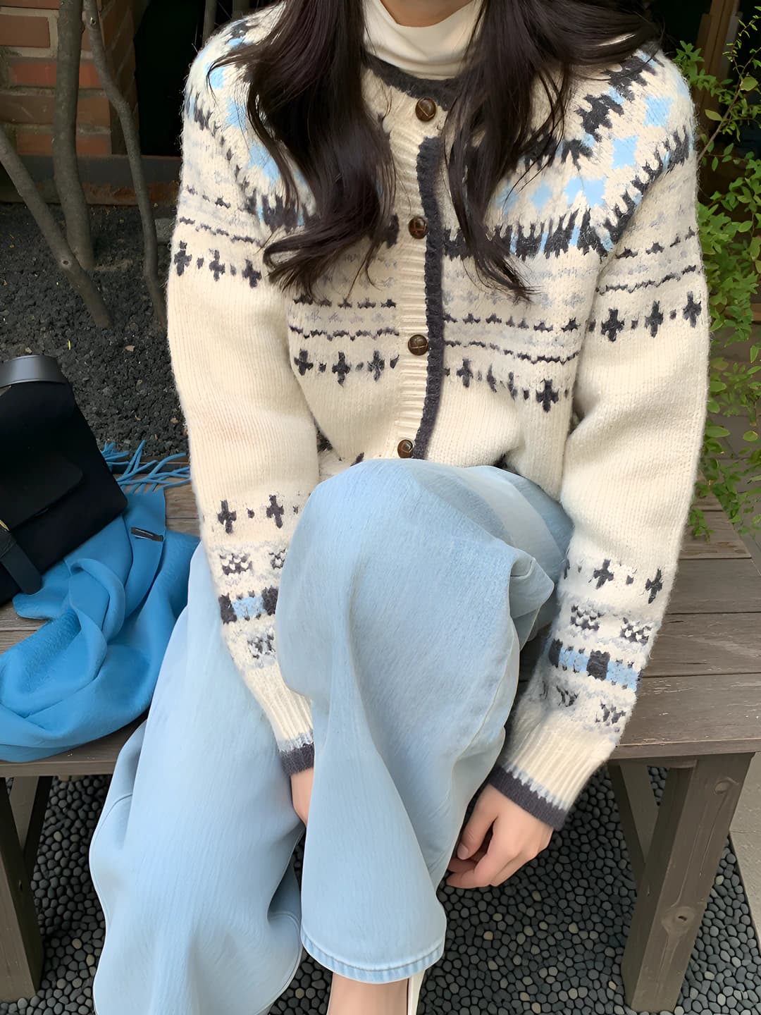 Women's knit cardigan: spring, retro, loose fit, crew neck, long sleeve, geometric pattern, viscose