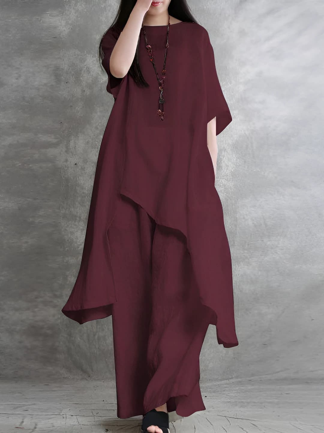 Ayollar uchun kundalik katta o'lchamli bo'sh (oversize) bir rangli to'rt mavsumlik ikki qismli to'plam (loose tunika + keng oyoqli shim)