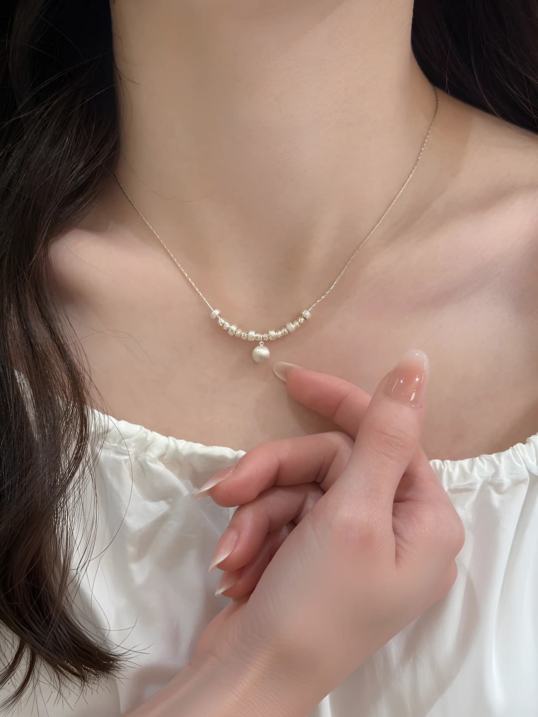 Women's natural pearl and silver bead geometric chain necklace, Korean style, casual