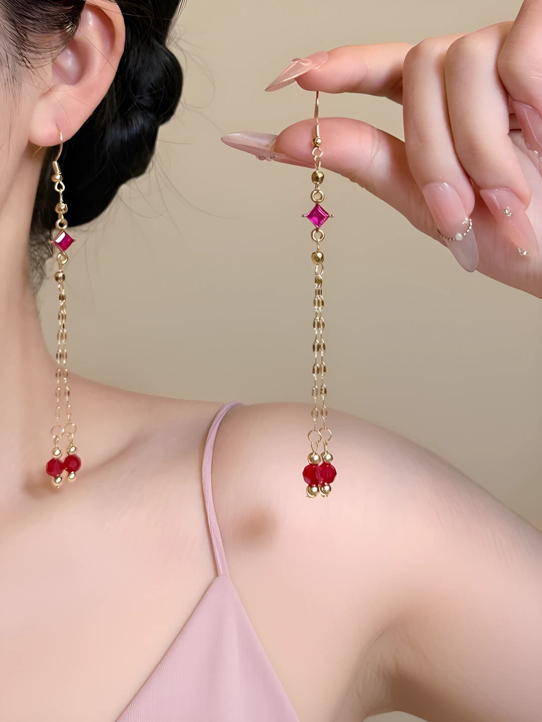 Women's long red tassel earrings in new Chinese retro style, geometric design element, alloy