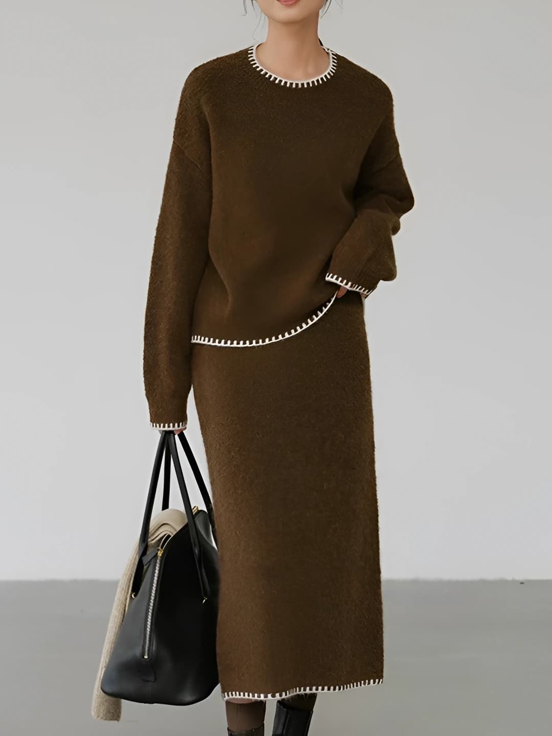 Women's autumn-winter sweater and skirt set: crew neck, long sleeve, loose fit, solid colour, wool blend