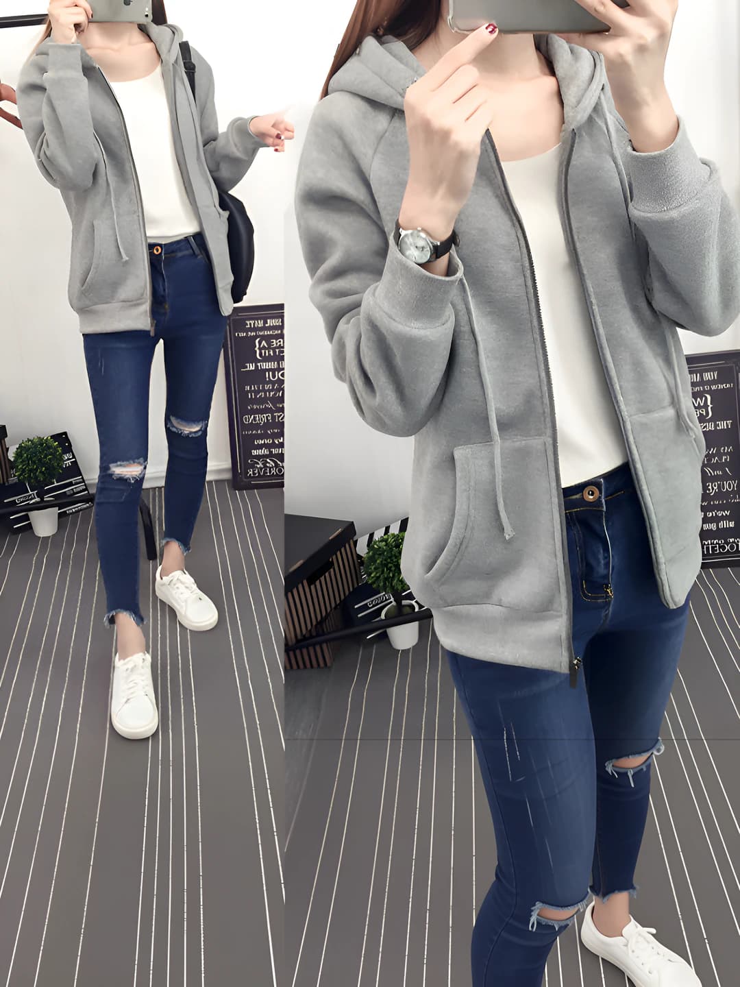 Women's fleece-lined zip-up hoodie, solid colour, loose fit, long sleeve, casual sports sweatshirt for spring-autumn