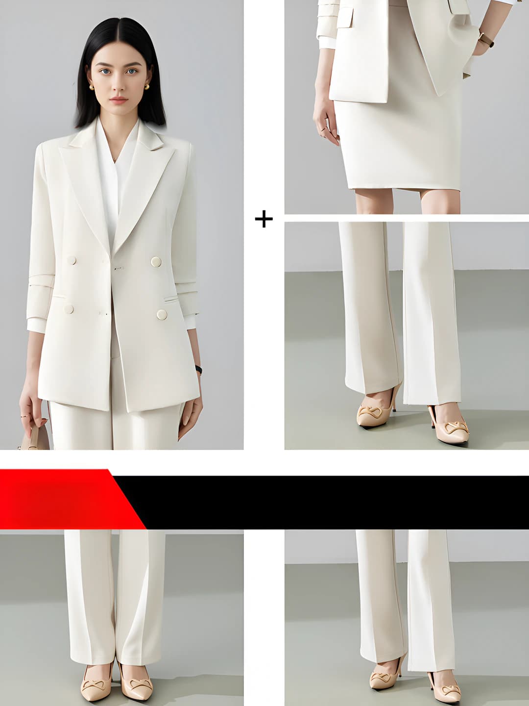Beige-Apricot Blazer + Slightly Flared Pants + White Shirt