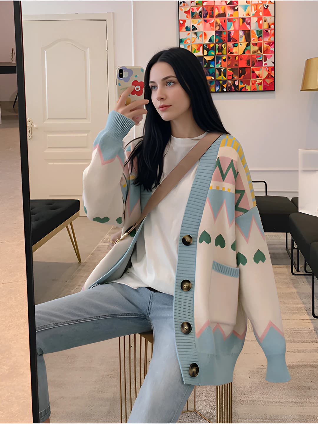 Women's knit cardigan, Korean style, loose fit, V-neck, long sleeve, spring-autumn