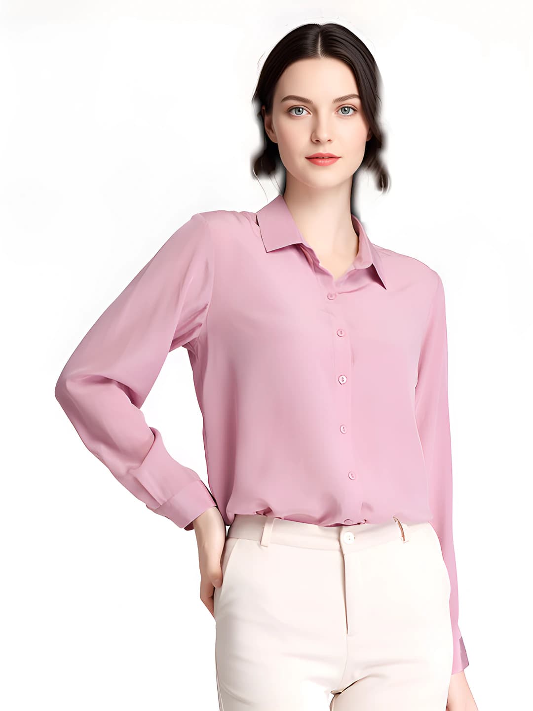 Women's long-sleeve silk shirt, 2026 autumn, mulberry silk, solid colour, loose fit, lapel collar, plus size