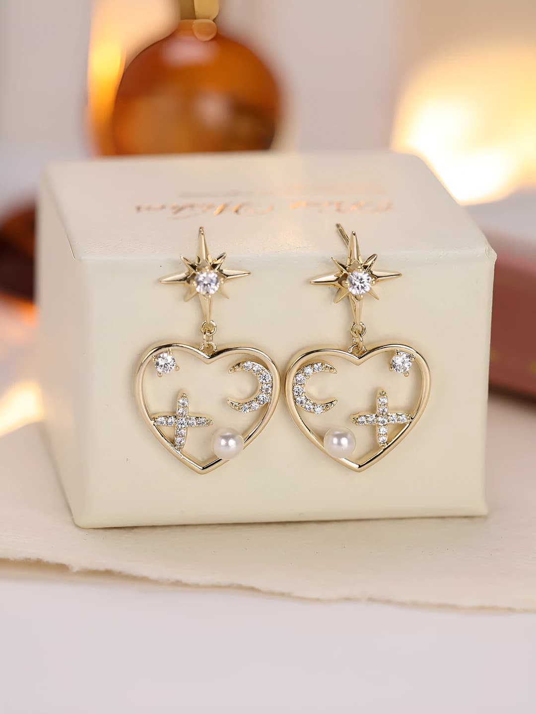 Women's star, moon and heart zircon stud earrings