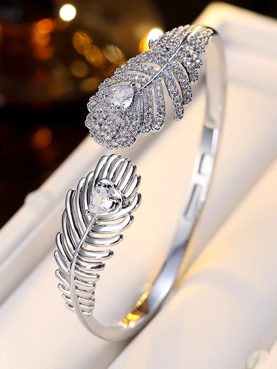 Women's open bangle with double feather design, rhodium-plated zirconia, light luxury style