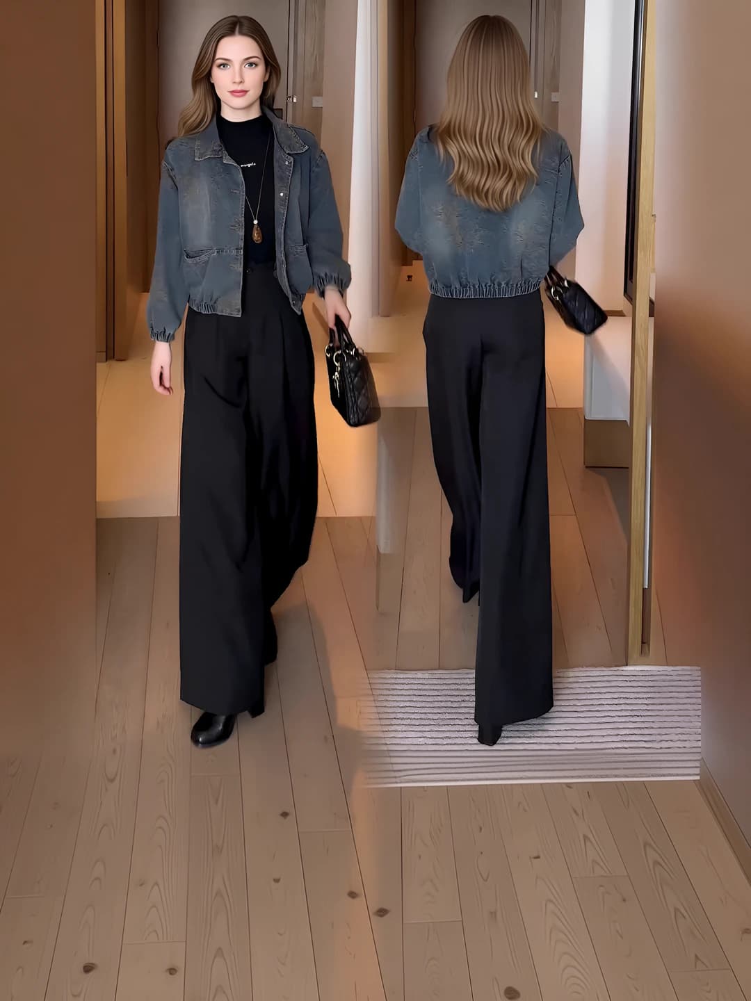 Women's Korean style denim jacket spring-autumn 2026, loose fit, petite, crew neck, bracelet-length sleeve