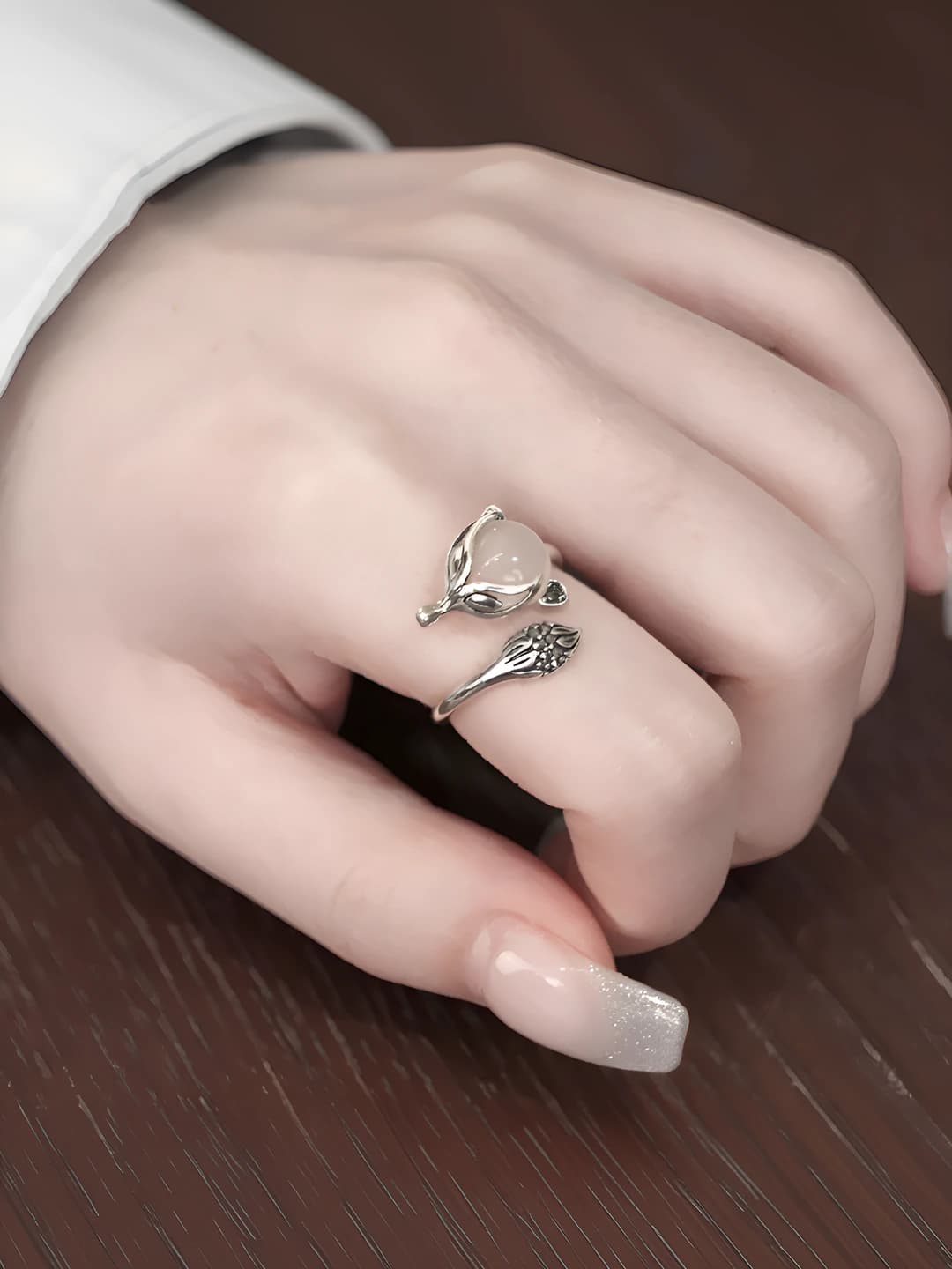Women's bronze open ring in retro style with faux stone, ethnic design, U-shaped geometric element