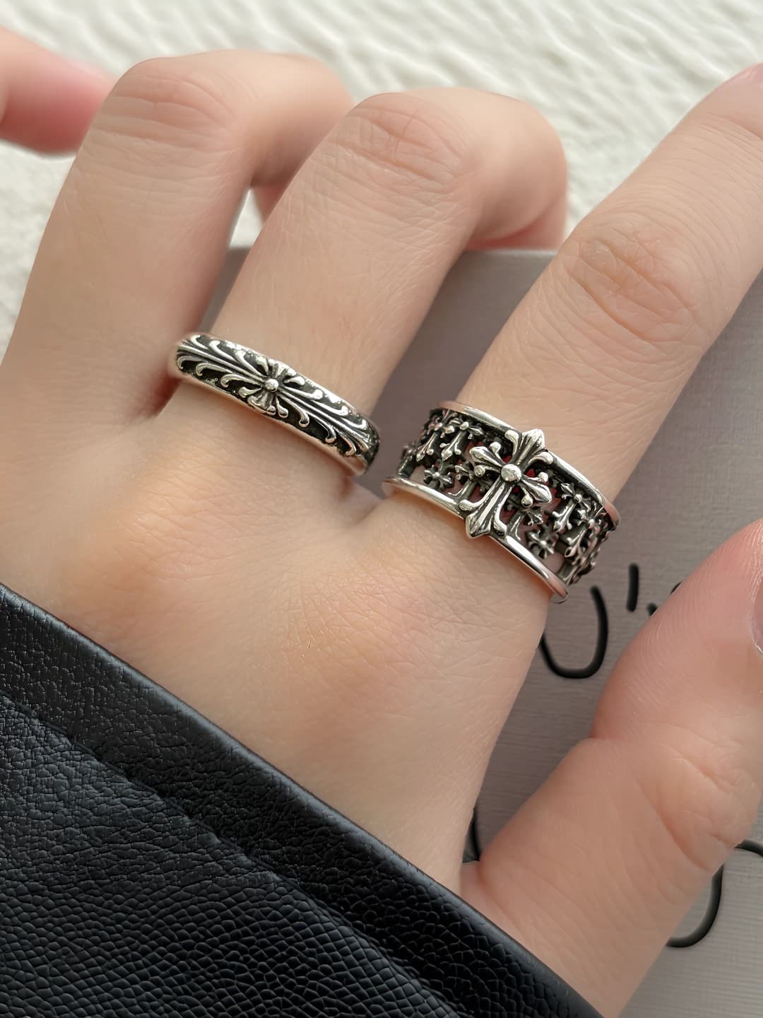 Women's retro style ring with cut-out cross design, rhinestone inlay, open adjustable fit, made of copper, electroplated, unique design