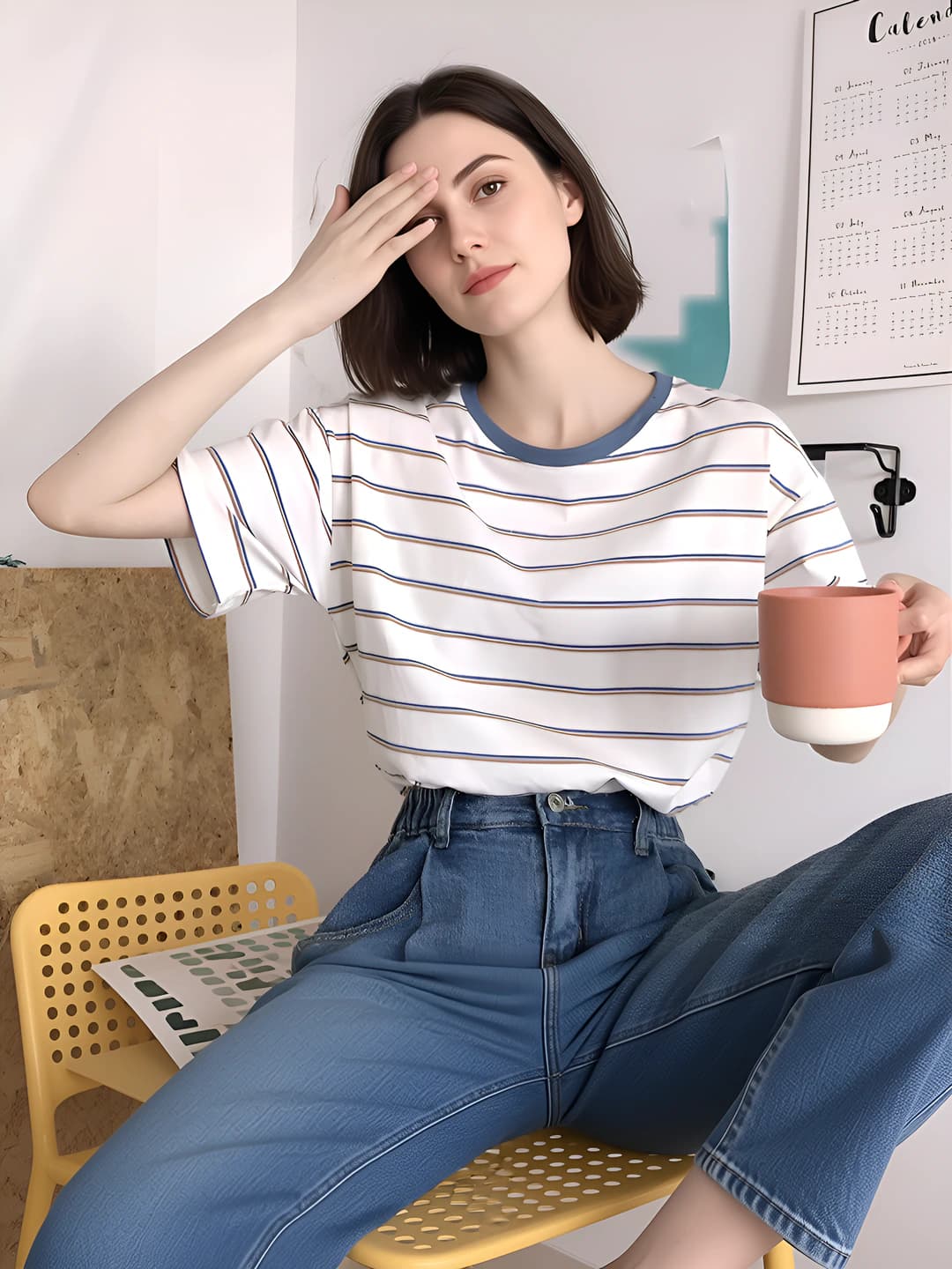 Women's short sleeve striped t-shirt for summer 2026, loose fit, slimming, crew neck, preppy style
