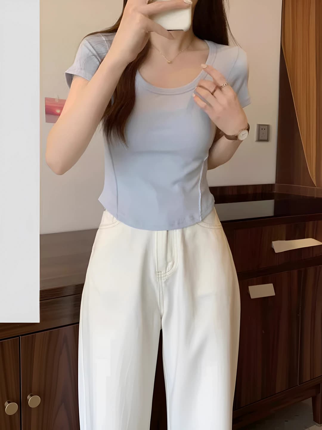 Women's summer Korean style slim fit high waist cropped solid colour U-neck short sleeve t-shirt