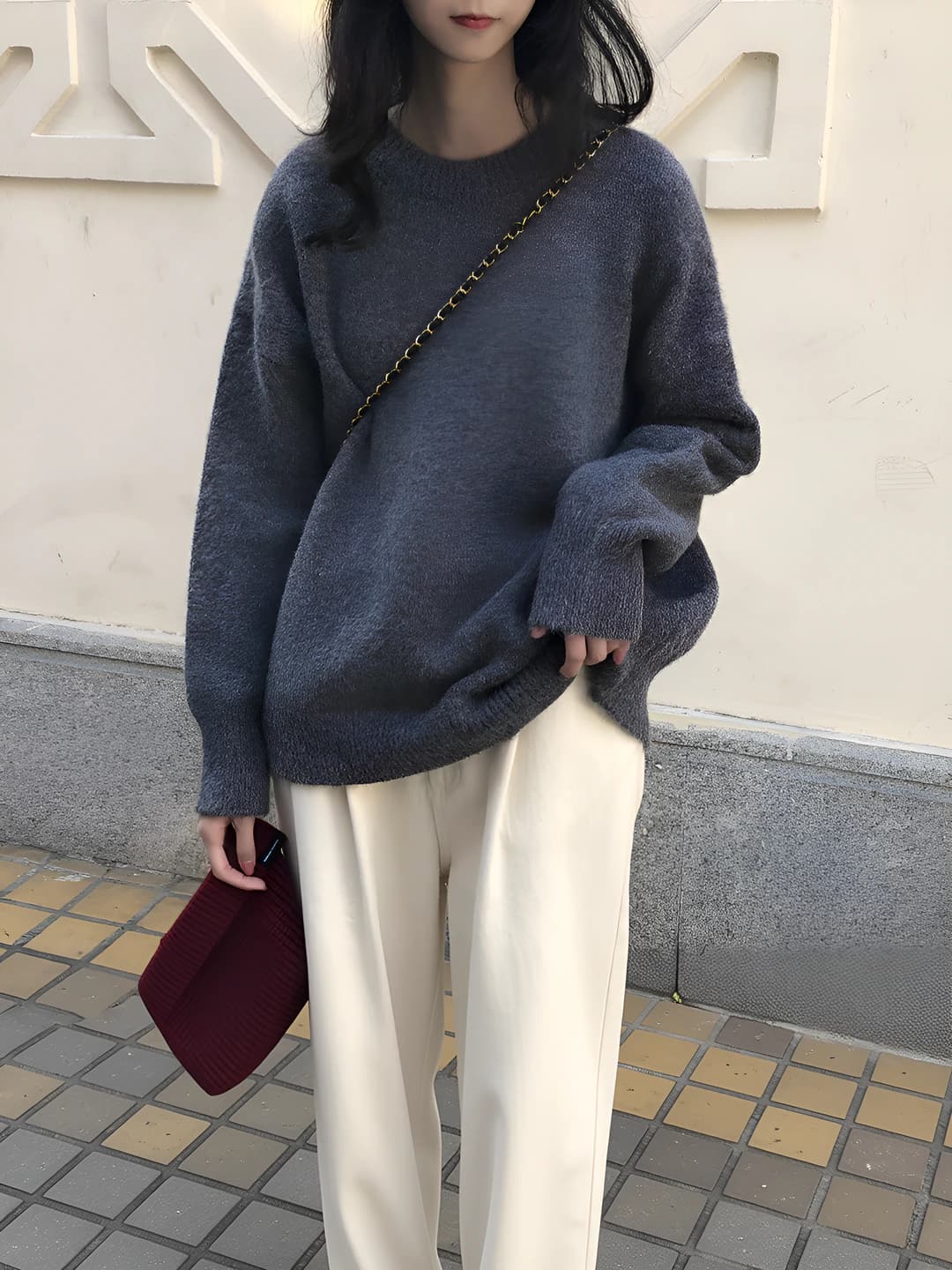 Women's solid colour loose fit slimming crew neck long sleeve knit sweater for autumn-winter
