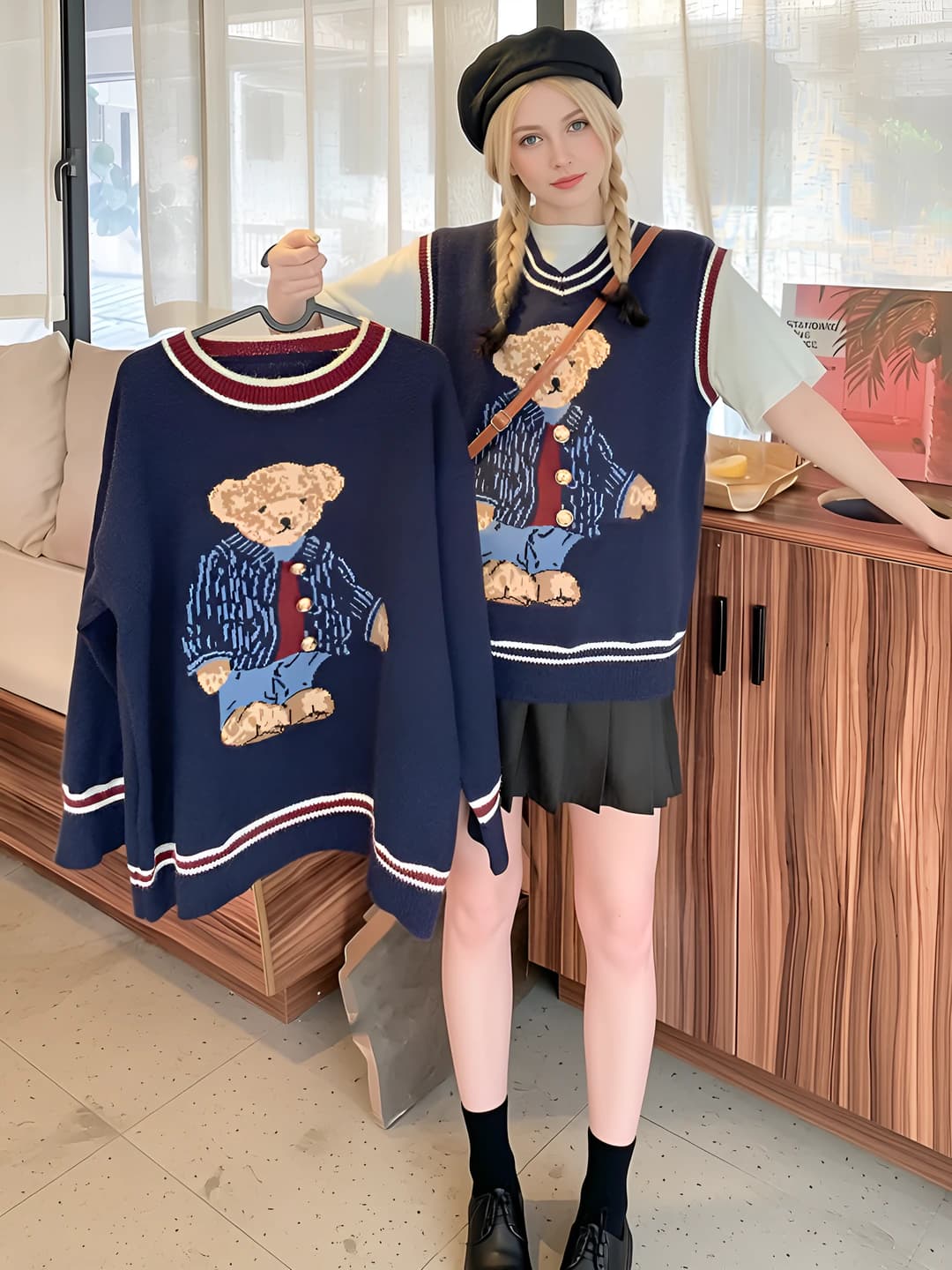 Women's 2026 autumn-winter knit top, loose fit, crew neck, long sleeve, preppy style, cartoon pattern