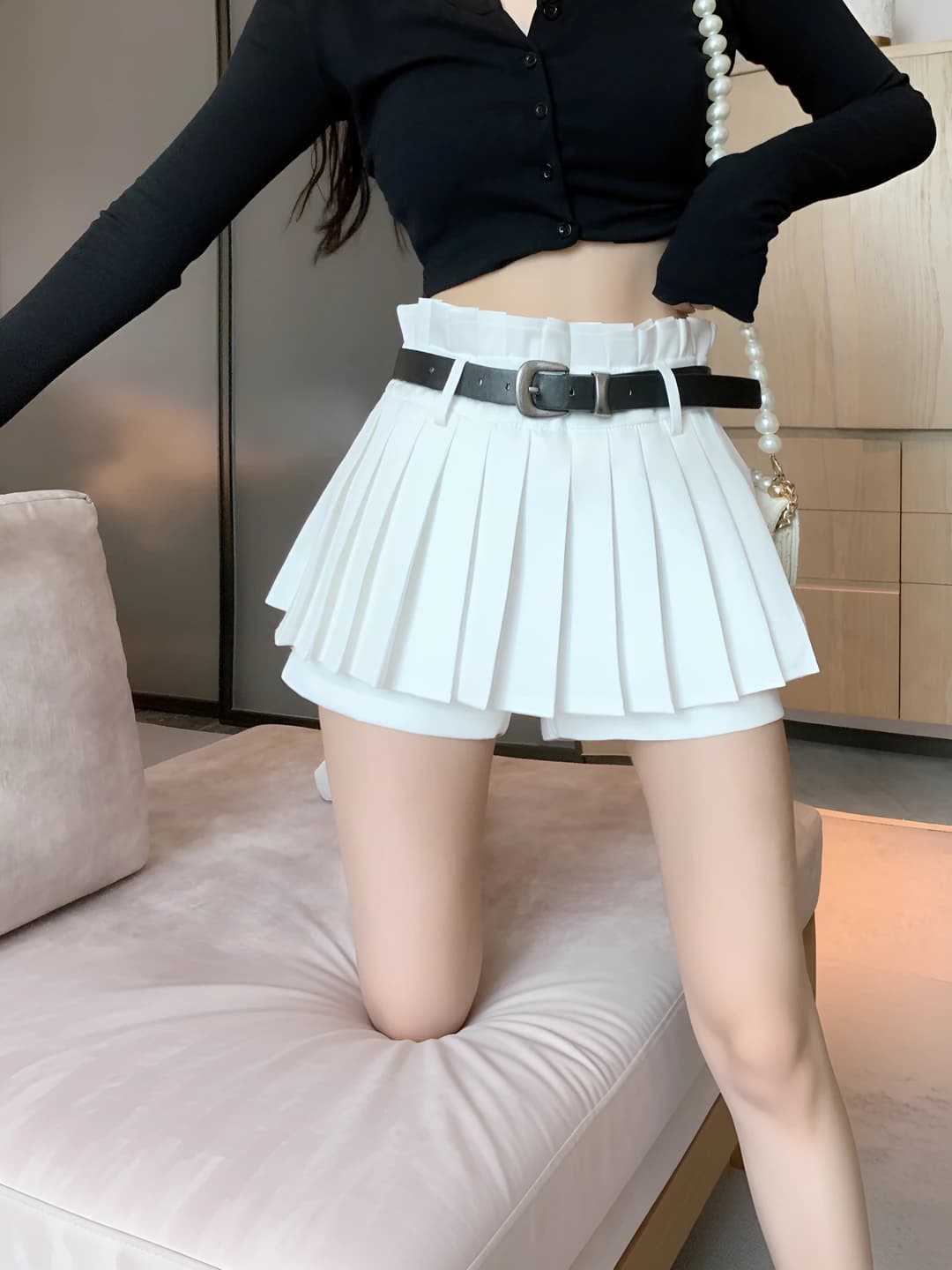Women's pleated skirt for petite 2026 autumn-winter solid colour high waist slimming A-line mini skirt