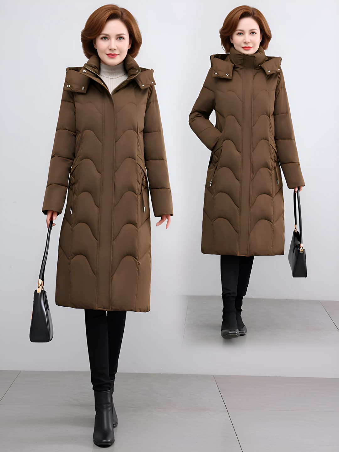 Women's long down-alternative fill winter coat, zip, thickened, slimming, 2026
