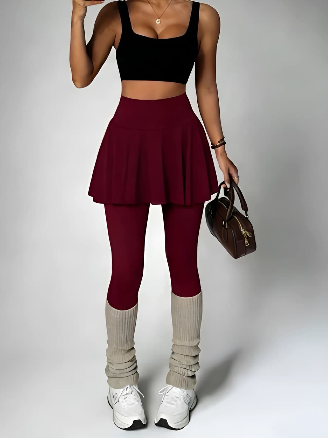 Ayollar uchun baland belli sport pleat yubka leggings ustiga (shim-yubka), tez quriydigan, nozik ko'rsatadigan, ikki jibli, yoga va yugurish uchun