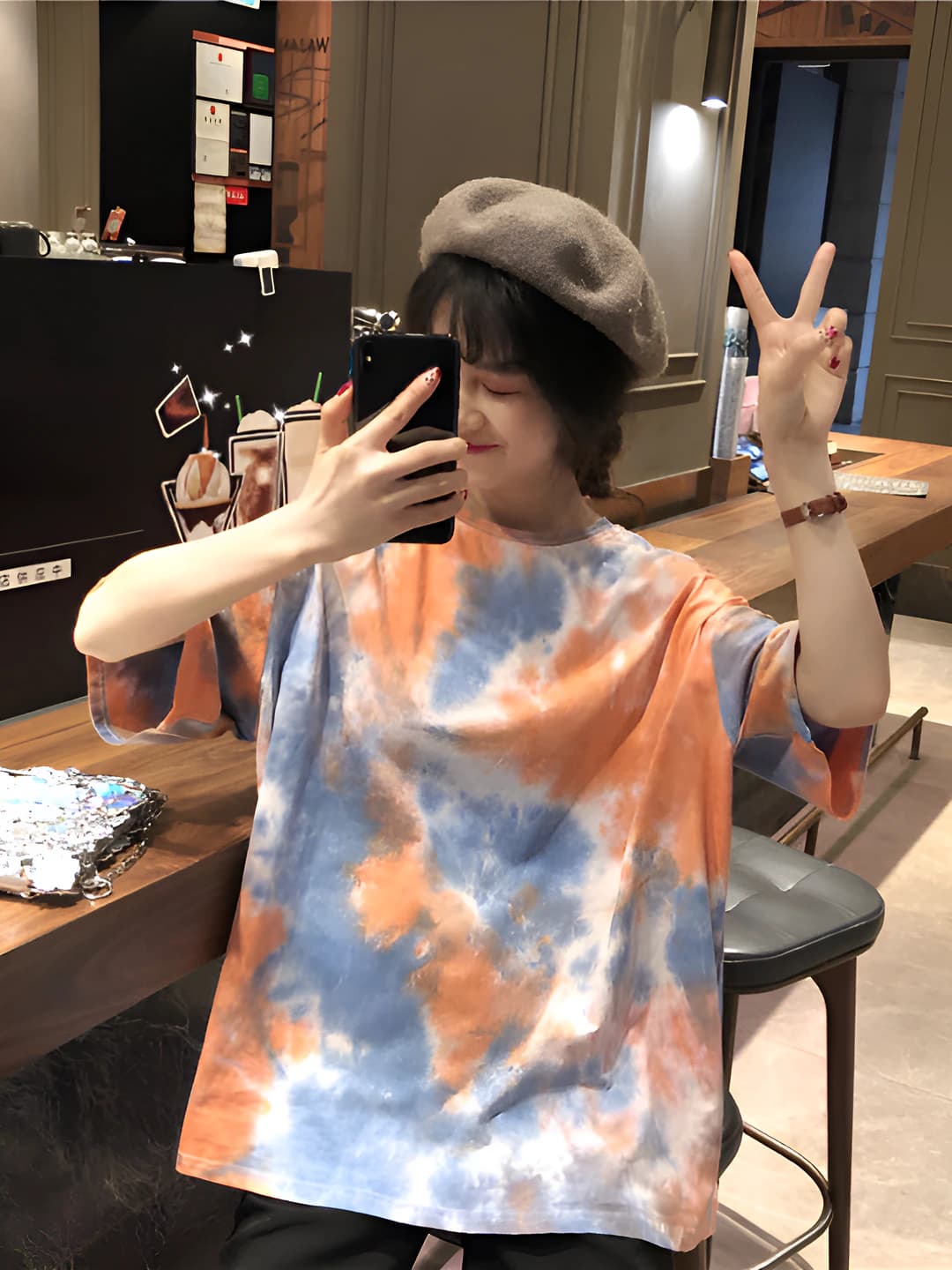 Women's tie-dye t-shirt, Korean style, short sleeve, loose fit, crew neck, printed, mid-length