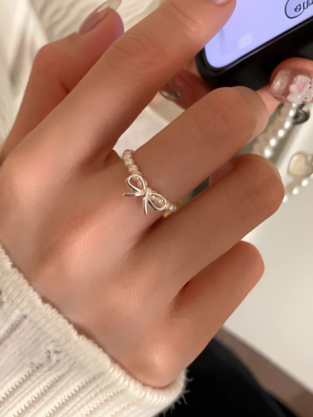 Women's stretch ring with bow and pearl, 925 silver, adjustable, minimalist style