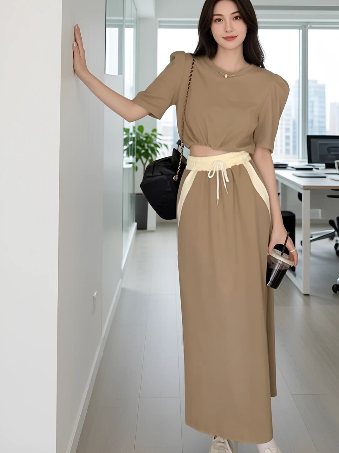 Women's summer set: short sleeve cropped top and high waist long skirt