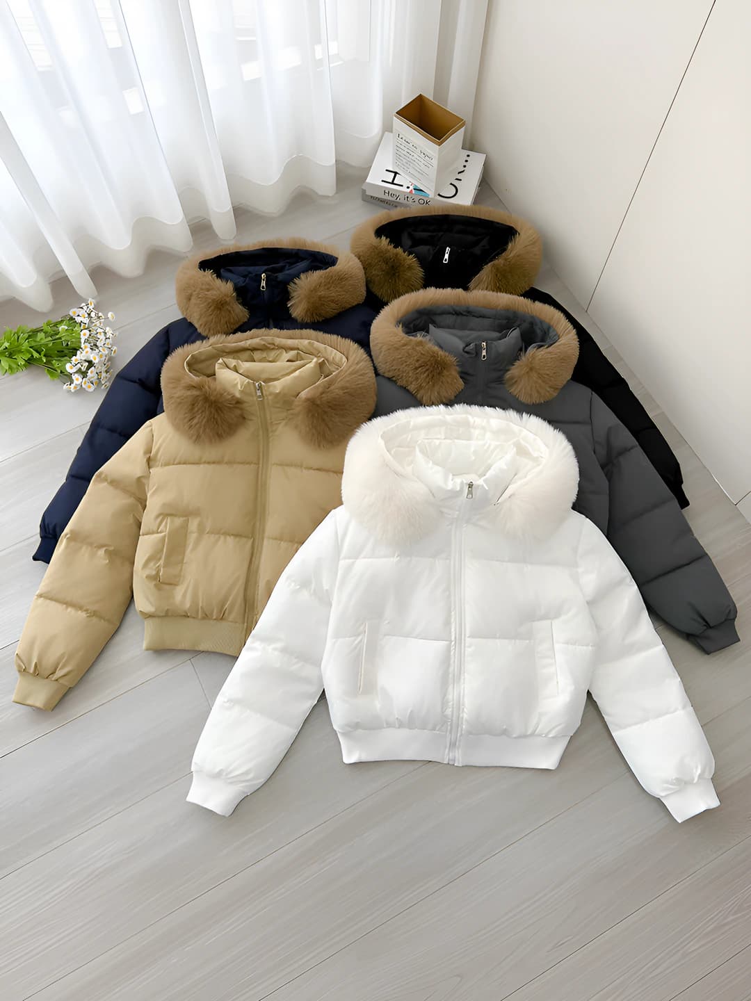 Women's winter padded down jacket: down-alternative fill, zip, warm, thickened, loose fit, long sleeve, cropped, solid colour, casual