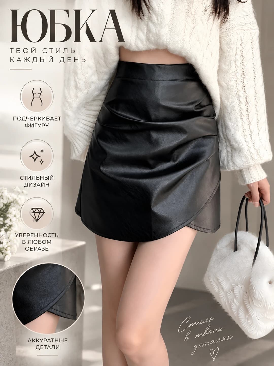 Women's PU leather mini skirt, high waist, slimming, A-line, petite, autumn 2026