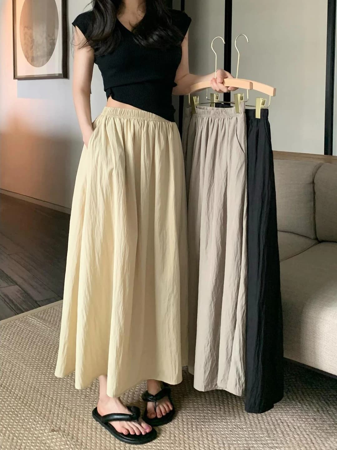 Women's A-line wide mid-length skirt, summer, retro, high waist, elastic waist, slimming, pleated
