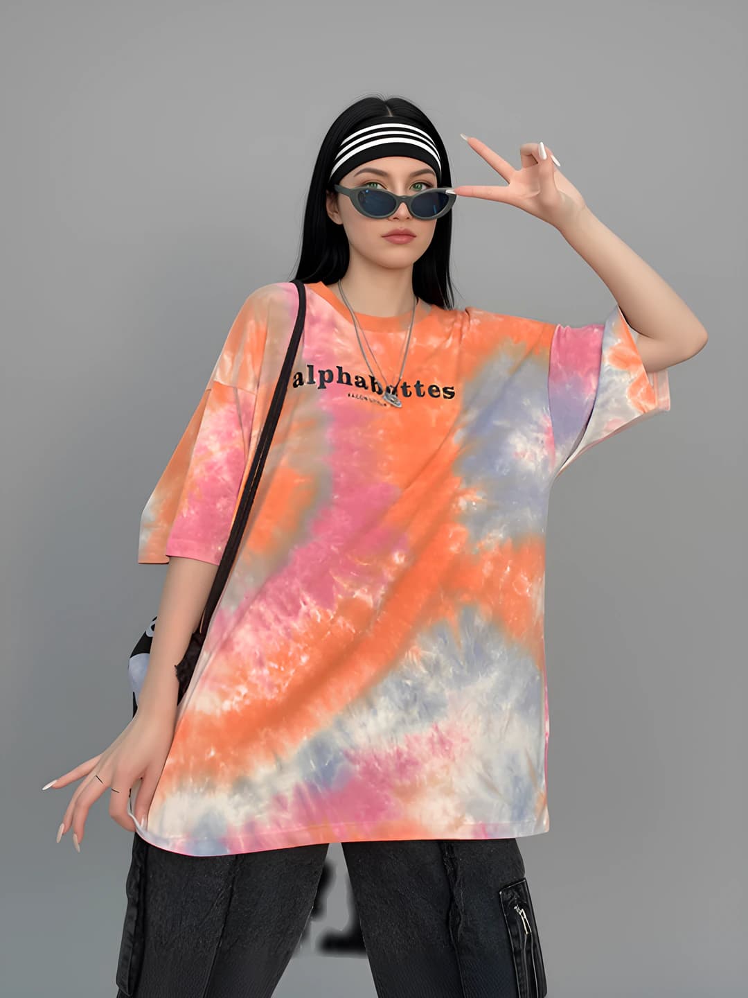 Women's Korean style tie-dye printed embroidered short sleeve loose fit t-shirt