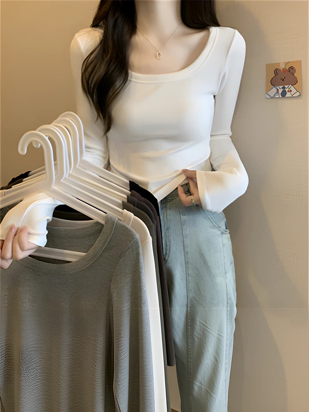 Women's autumn-winter warm fleece-lined long-sleeve slim fit cropped crew neck printed long-sleeve base top