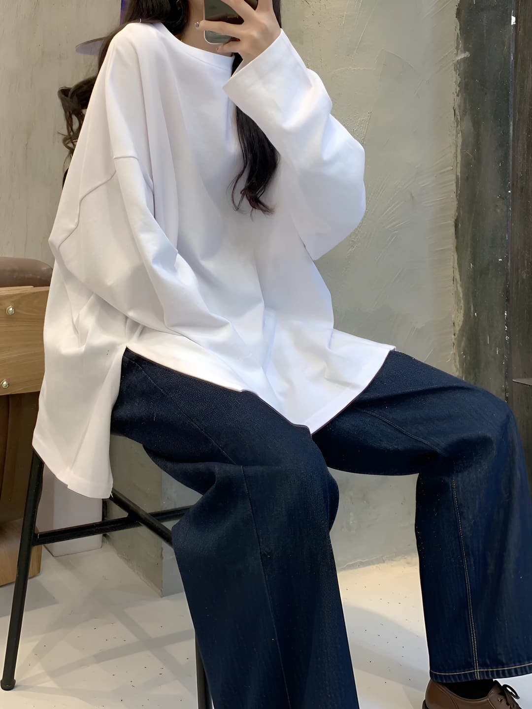Женский лонгслив 2026 осень, длинный рукав, однотонный, свободный крой, круглый вырез, в корейском стиле