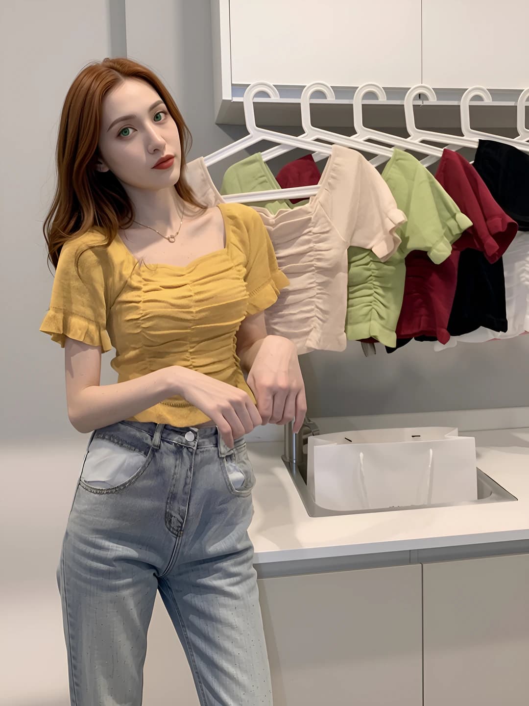 Women's retro knit top, slim fit, solid colour, long sleeve, cropped