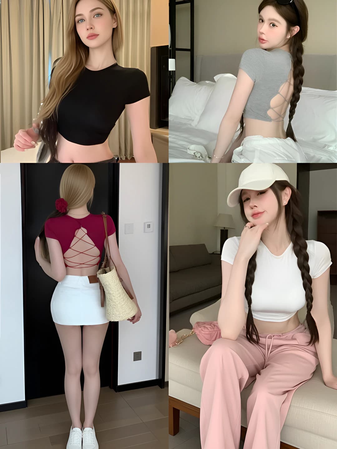 Women's short-sleeve crop top with cut-out back, slim fit, crew neck, solid colour
