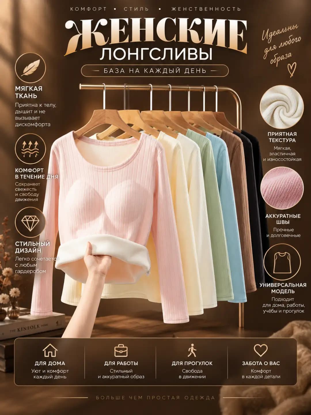Женский утеплённый лонгслив с начёсом, круглый вырез, длинный рукав