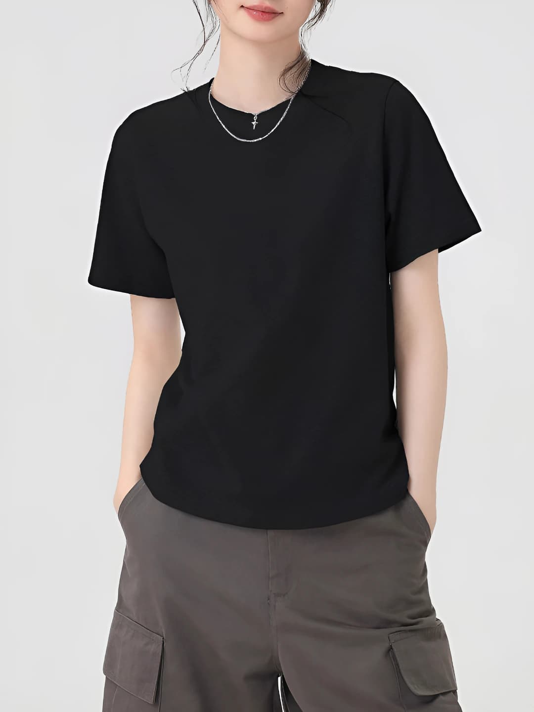 Women's short sleeve t-shirt, black, summer, plus size, loose fit, crew neck, thin fabric