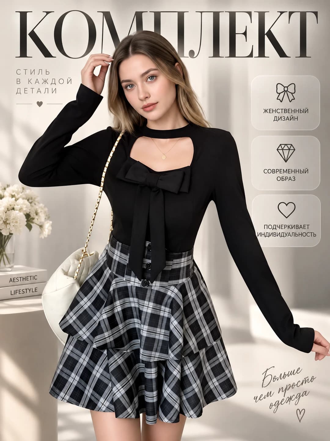 Women's autumn plus size set: long sleeve top with cutouts and bow pattern, high waist checked skirt
