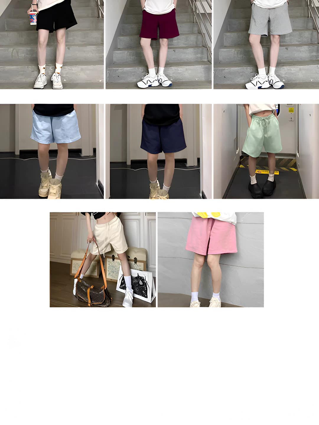 Ayollar uchun kundalik shorti: yozgi, bir rangli, bo'sh (oversize) to'g'ri kesim, elastik bel, nozik ko'rsatadigan, tizzagacha shorti, sport uslubidagi, elastik mato