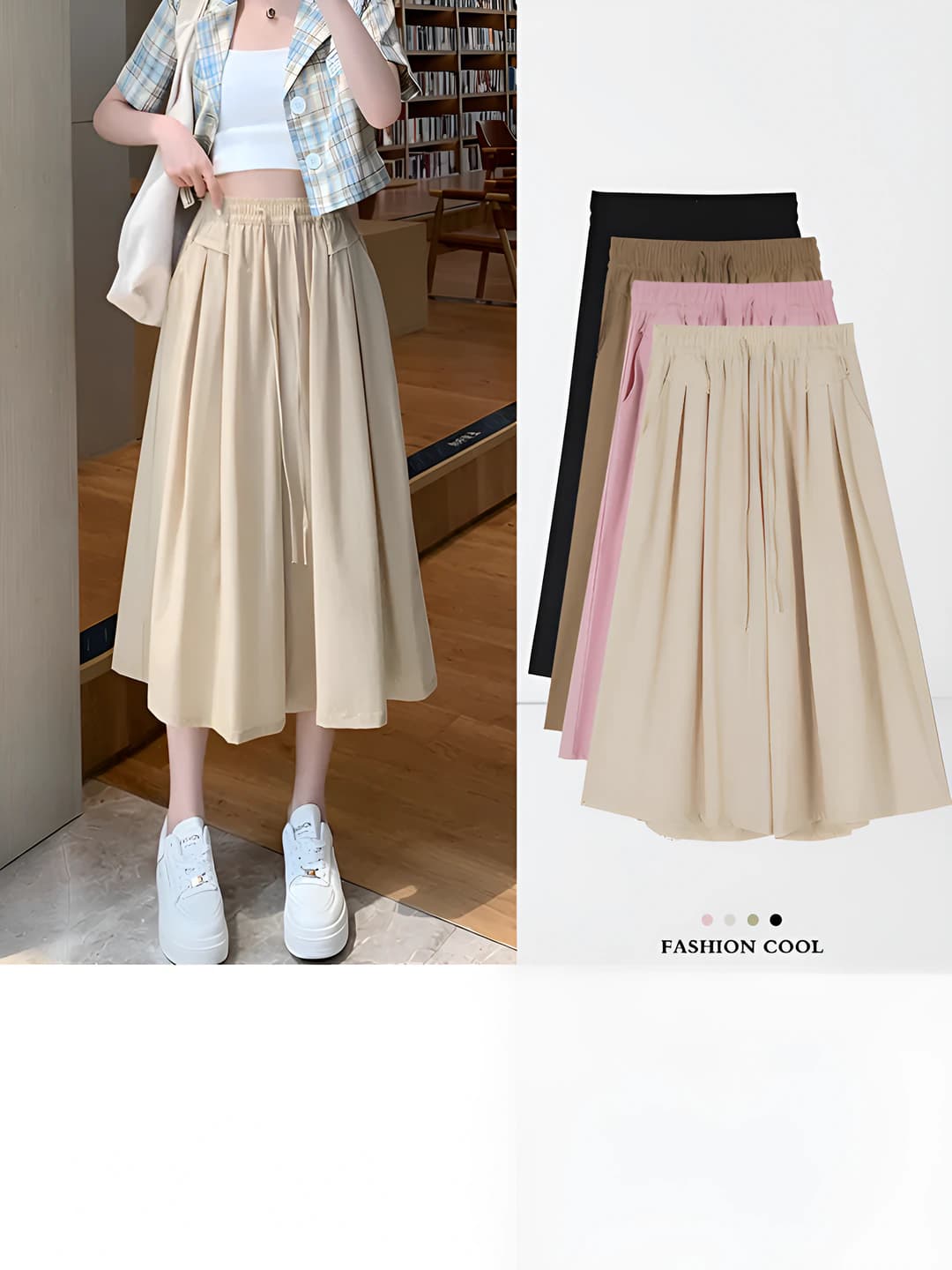 Women's summer wide-leg skort in ice-silk fabric, high waist, thin, slimming, for petite, casual straight cut