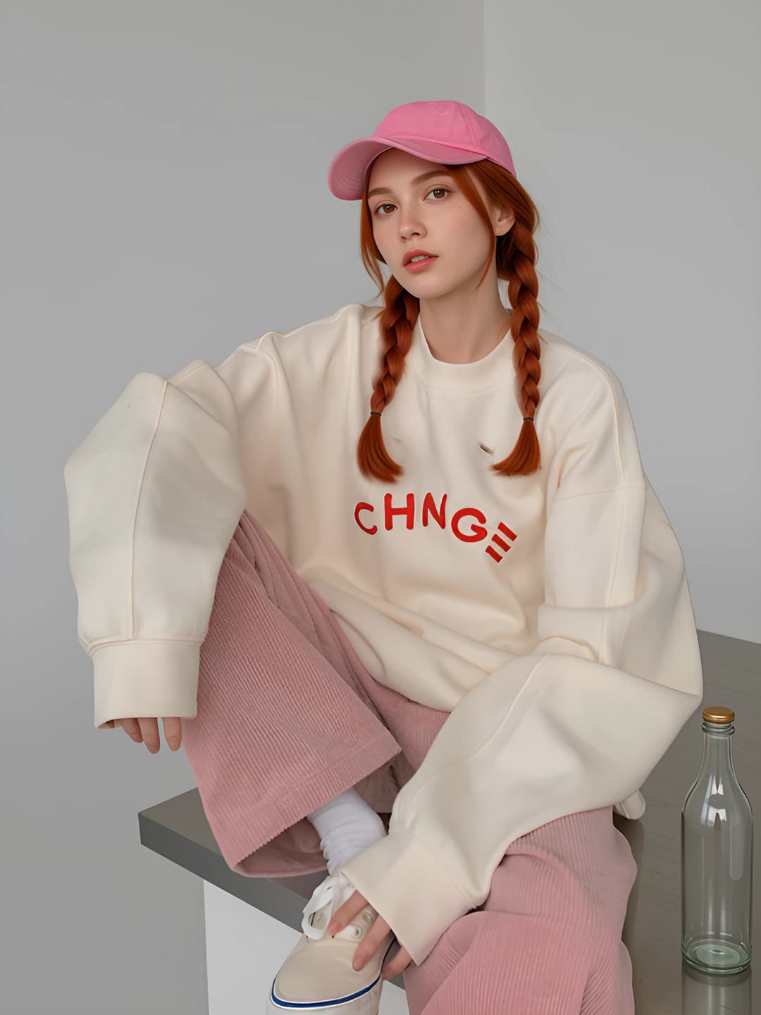Women's Korean style loose fit printed embroidered thickened sweatshirt, crew neck, long sleeve, mid-length, autumn