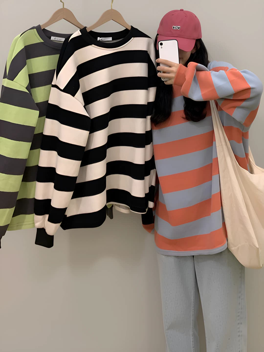 Women's striped sweatshirt, Korean style, loose fit, crew neck, long sleeve, spring-autumn