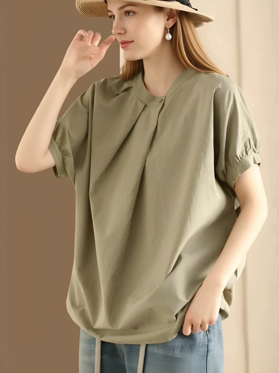 Ayollar uchun 2026 retro tik yoqali, bir rangli, bo'sh (oversize) kalta yengli ko'ylak-shirt
