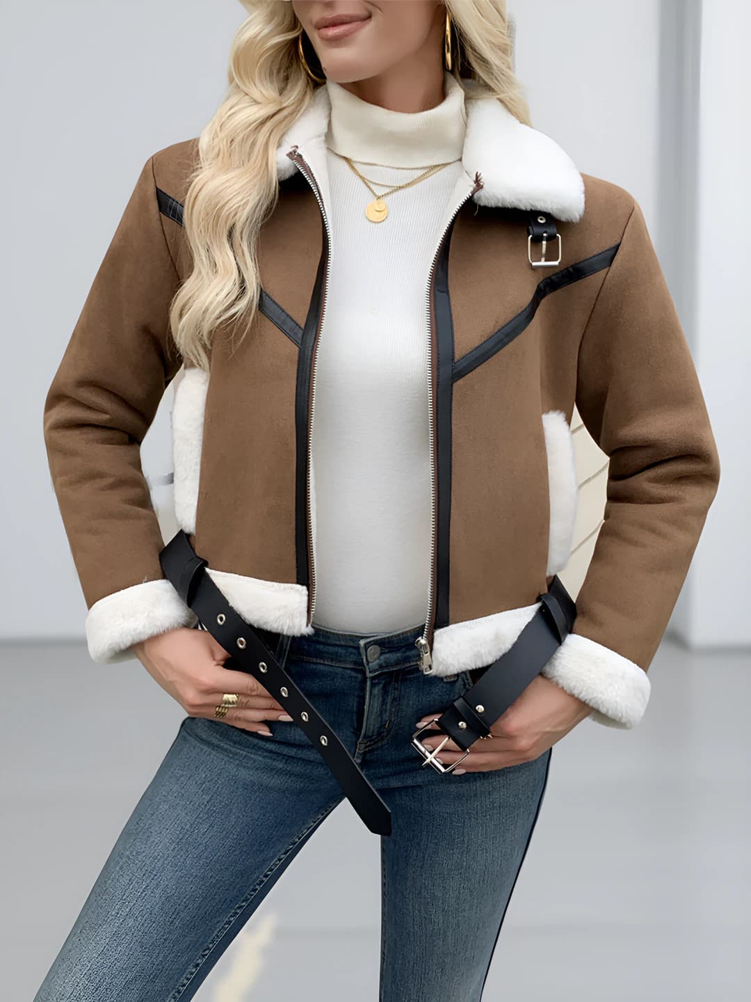 Ayollar uchun 2026 qish issiq saqlaydigan kundalik qaytarma yoqali fermuarli uzun yengli polyester kurtka