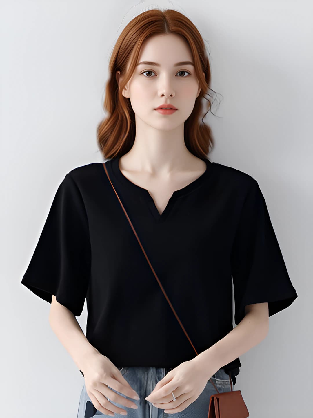 Women's solid colour short sleeve V-neck loose fit t-shirt