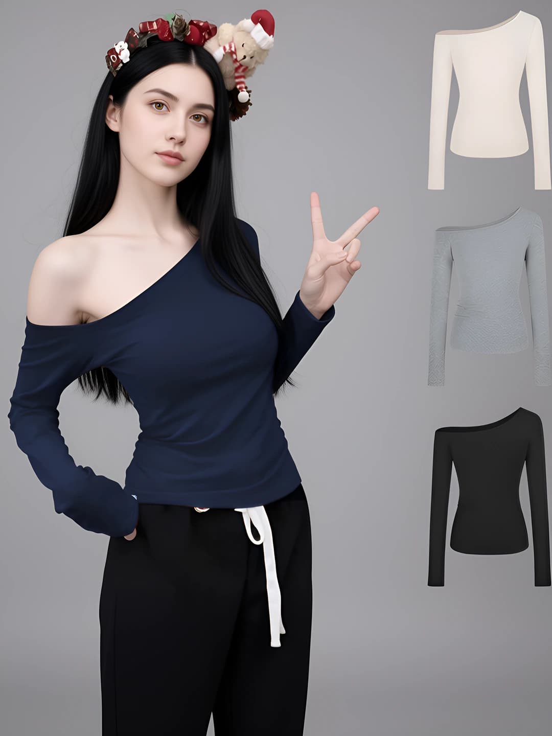 Women's off-shoulder long-sleeve top, slim fit, slimming, solid colour, for early autumn