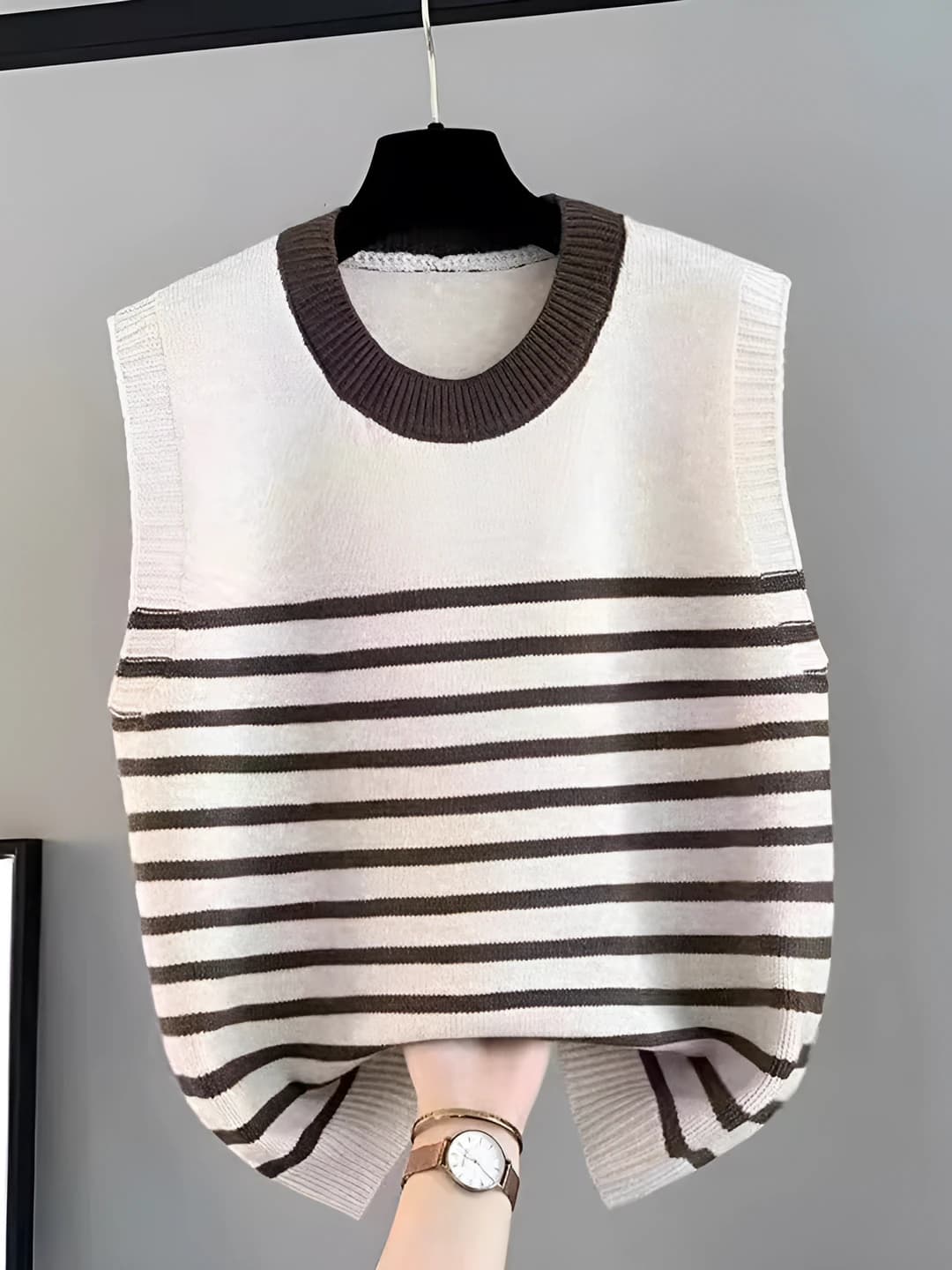 Women's spring-autumn 2026 vest, crew neck, striped/checked, loose fit, cashmere and acrylic blend