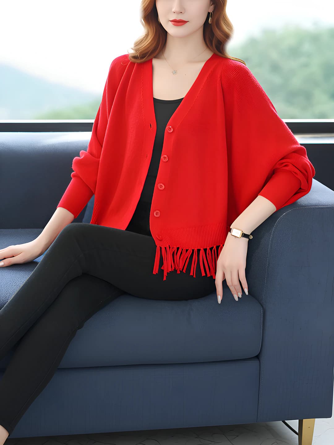 Women's spring-autumn knitted cardigan, V-neck, long sleeve, loose fit, solid colour, cropped