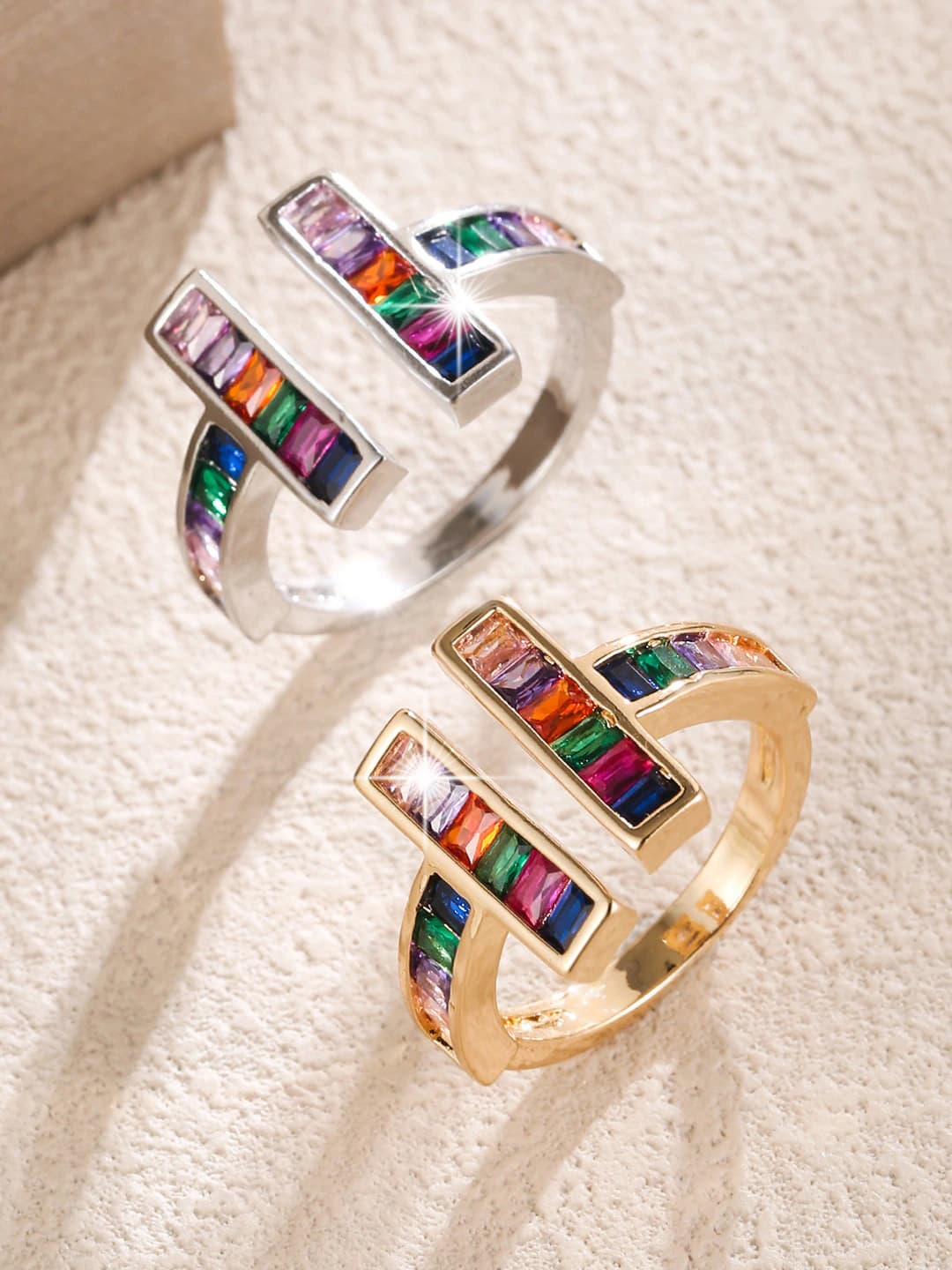 Women's open ring with colored zircons in geometric shape